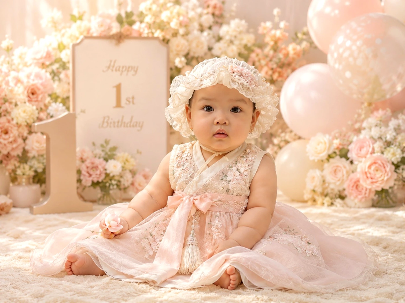 Vani trong khung sinh nhật màu hồng
