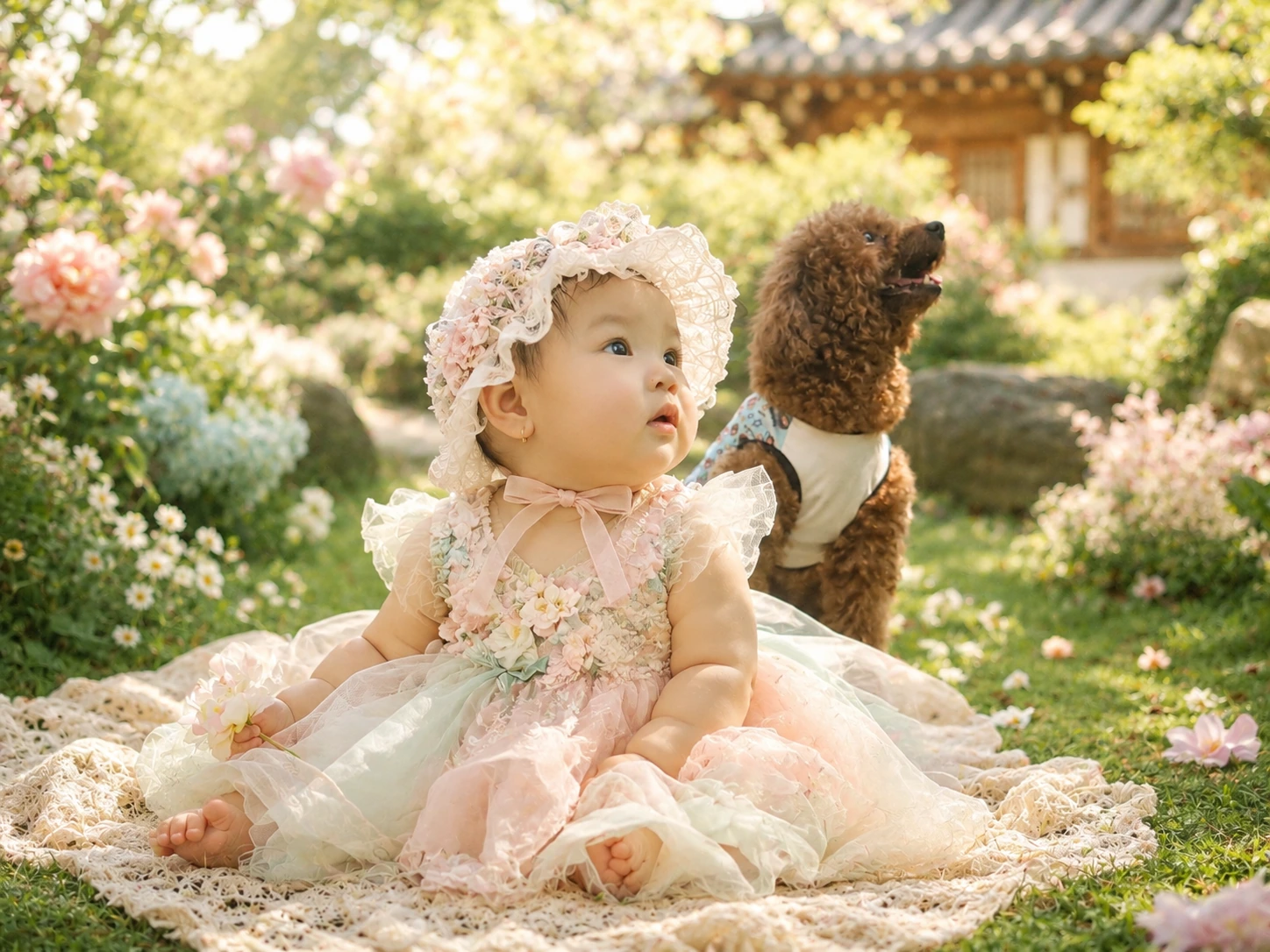 Vani cùng chú cún trong khu vườn pastel